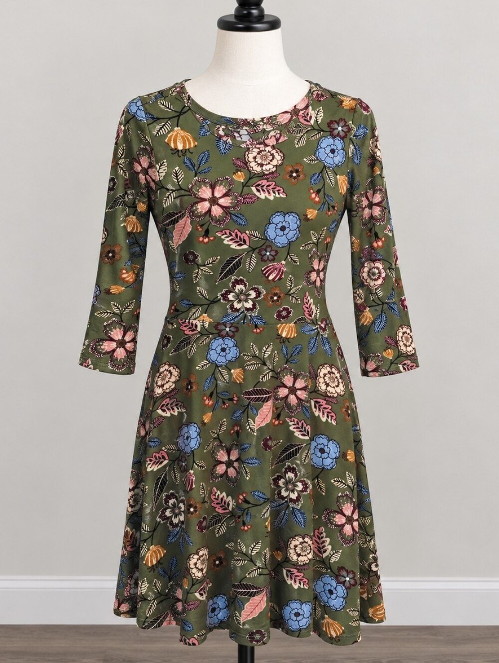 BELLA & BIRDIE Girls Olive Green Floral Print Dress SIze Lg (10-12)